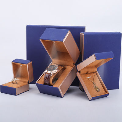 kupować 19x19x4cm Błękitny aksamit PU Skóra biżuteria pudełko prezentów z światłem LED i aksamitne podszewki online manufacture