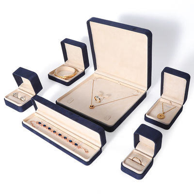 kupować China Manufacturing Wholesale Premium Blue Jewellery Packaging Box Custom Hign End Big Jewelry Set Necklace Bracelet Earrings Ring Packaging Handmade Square Velvet Blue Jewelry Box With Logo online manufacture